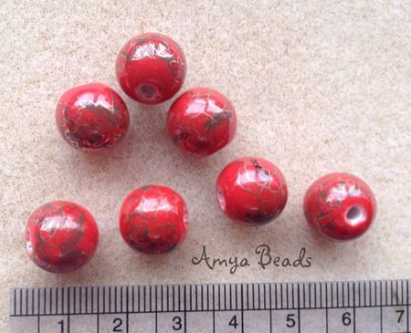 Ceramic Beads ~ 12mm Round Dark Red / Gold x 10 pcs