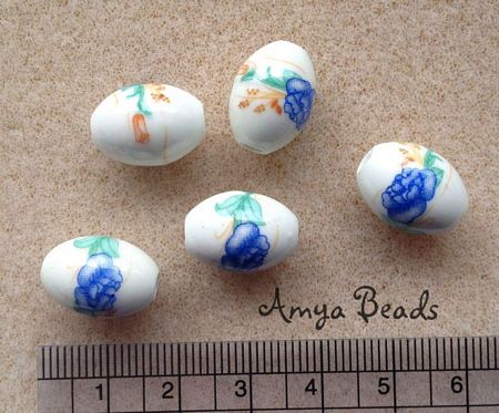 Ceramic Beads ~ 15mm Oval Blue Roses x 10 pcs