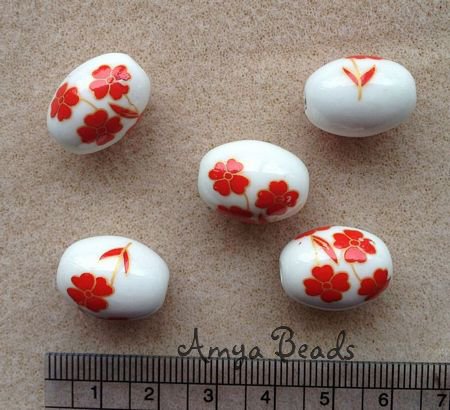 Ceramic Beads ~ 18m Oval Red Flowers x 10 pcs
