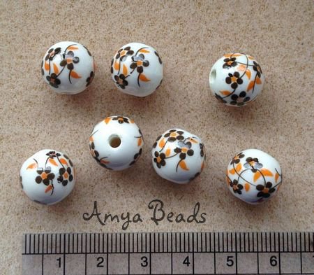 Ceramic Beads ~ 12mm Round Brown Flowers x 10 pcs