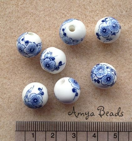 Ceramic Beads ~ 12mm Round Navy Flowers x 10 pcs