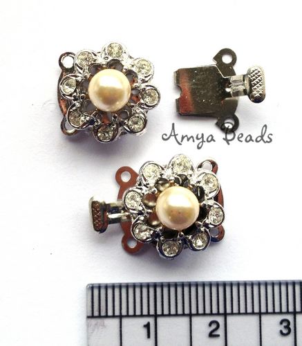 Box Clasp 2-row ~ 20mm Nickle Round w Crystal and Pearl x 1 pc