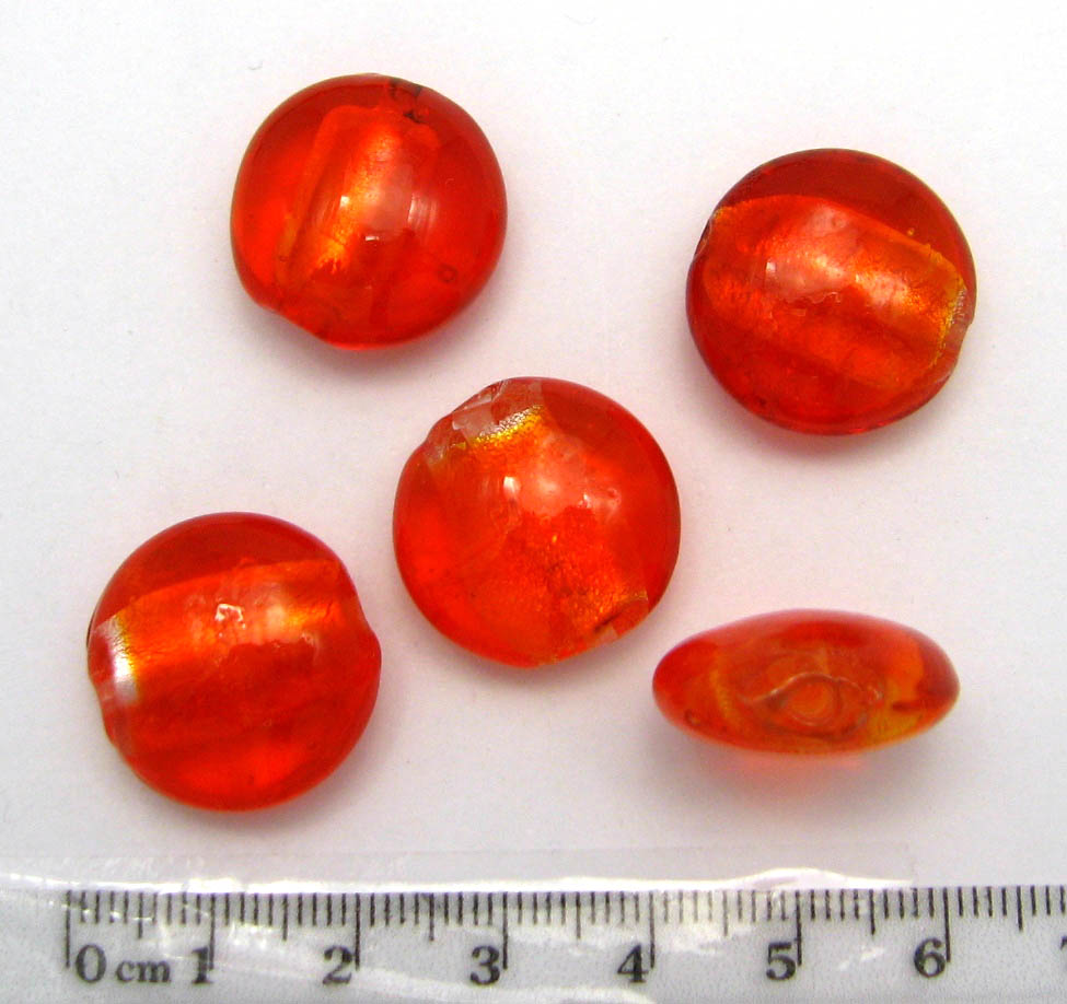 Lampwork Beads ~ 20mm Lentil RED Foil x 6