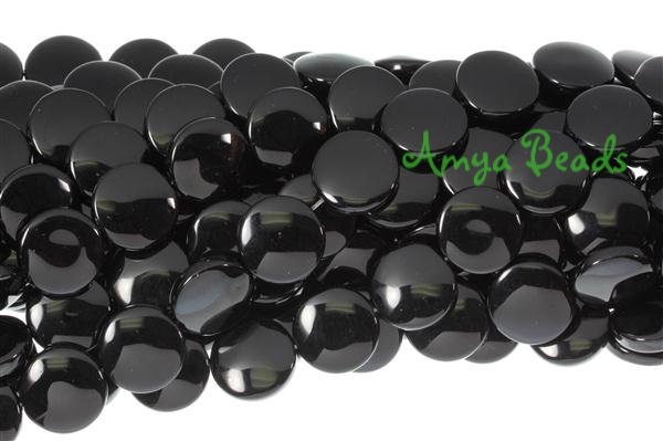 BLACK ONYX ~ Puffy Coin 14mm Beads x 28