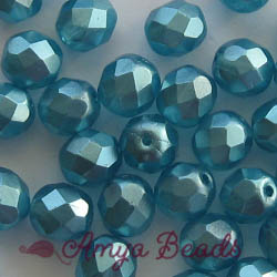 Fire-polished Faceted Round ~ 8mm PEARLISED AQUA x 75
